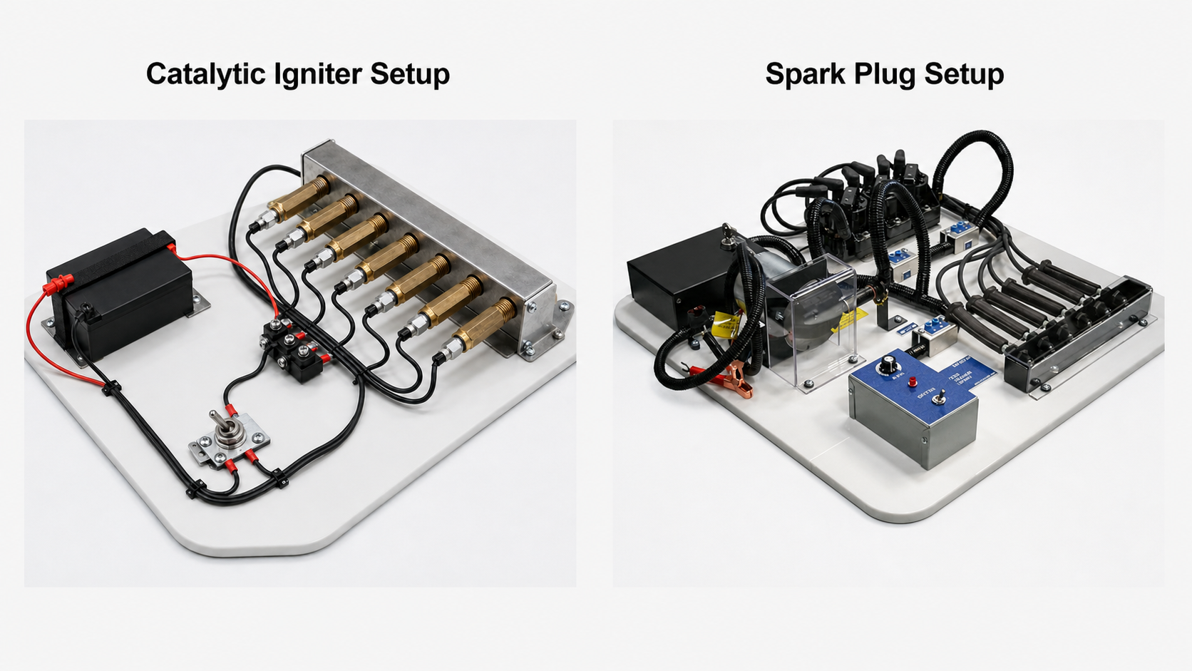 Conventional spark hardware contrasted with catalytic igniter hardware