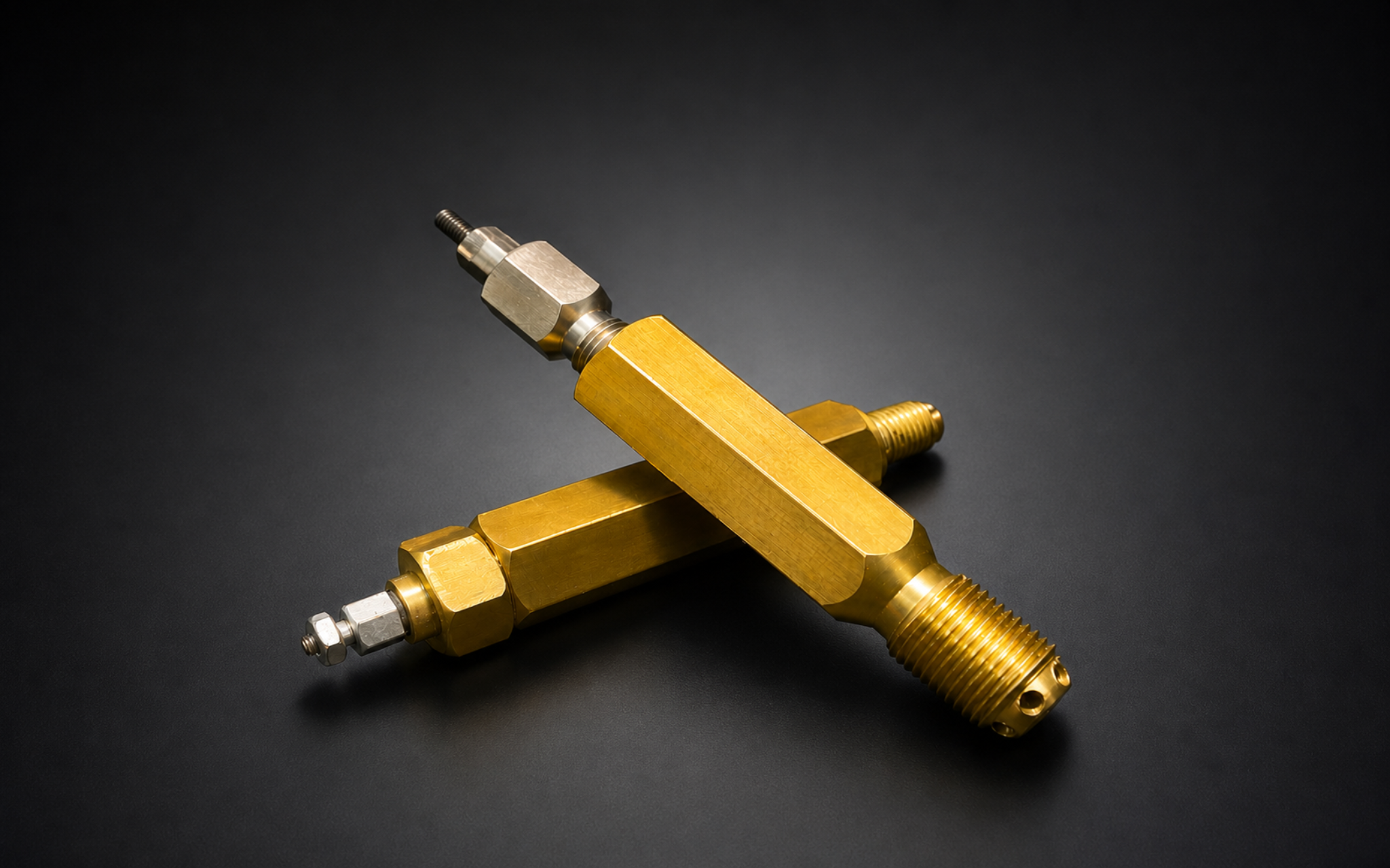 Catalytic ignition plug hardware with brass body on dark surface
