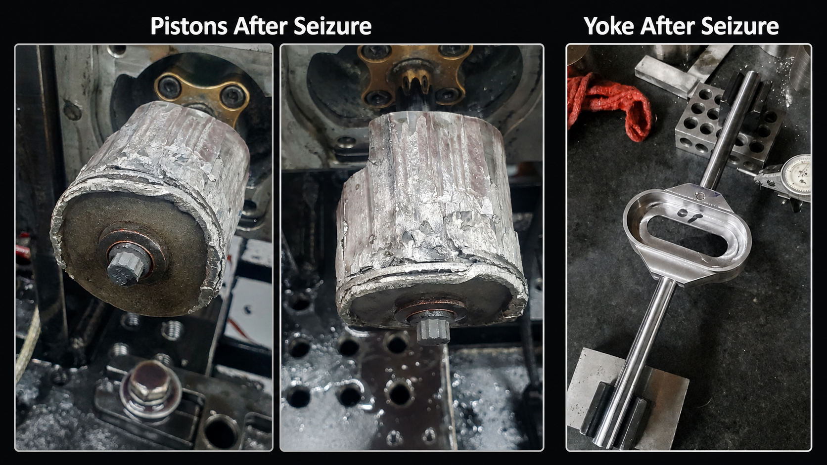 Seizure event evidence comparison showing pistons and yoke after seizure